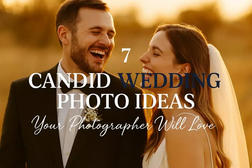 A bride and groom laugh together outdoors at sunset with text overlay about candid wedding photo ideas.