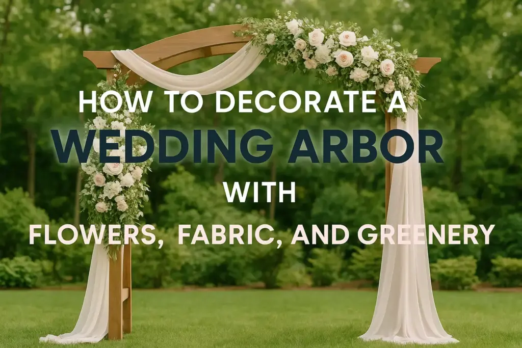 Wooden wedding arbor decorated with white fabric, flowers, and greenery in a garden setting. Text overlay present.