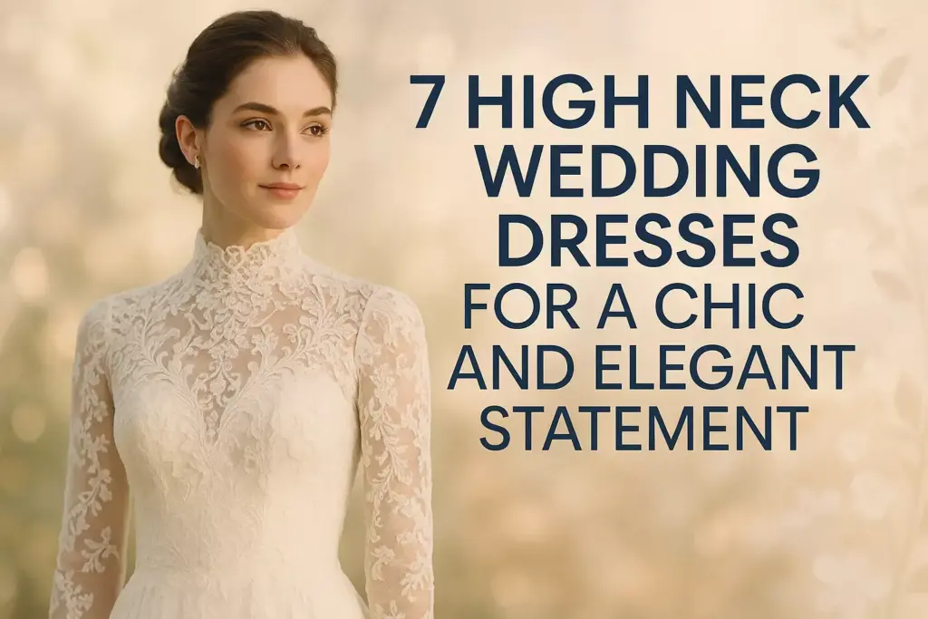 A bride in a high-neck lace wedding dress stands beside text about chic, elegant wedding dress styles.