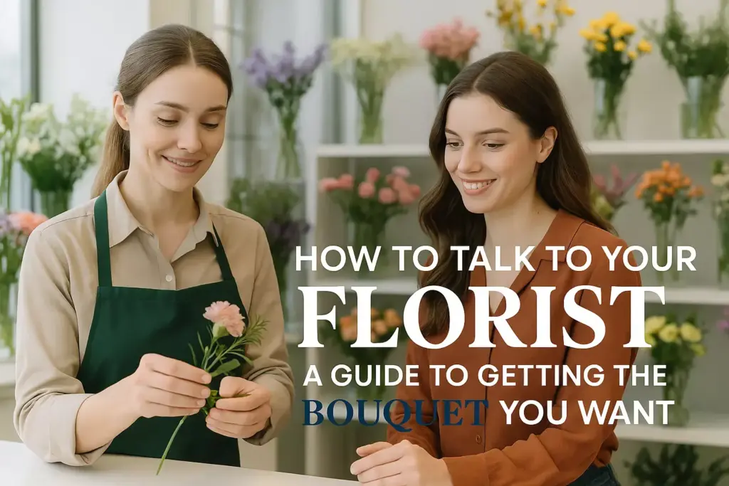 Two women in a flower shop, one arranging flowers; text reads How to talk to your florist: A guide to getting the bouquet you want.
