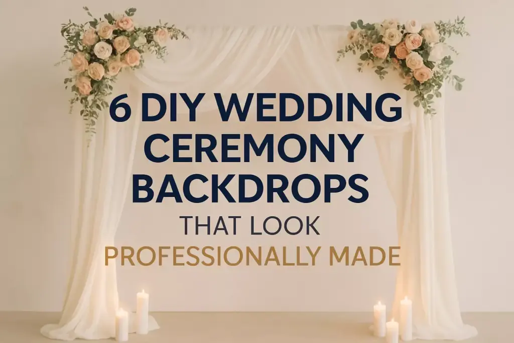 Elegant wedding arch with draped fabric, flowers, and candles, featuring text about DIY ceremony backdrops.