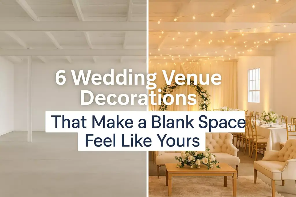 Split image: left shows an empty white room, right a decorated wedding venue with lights, flowers, and chairs.