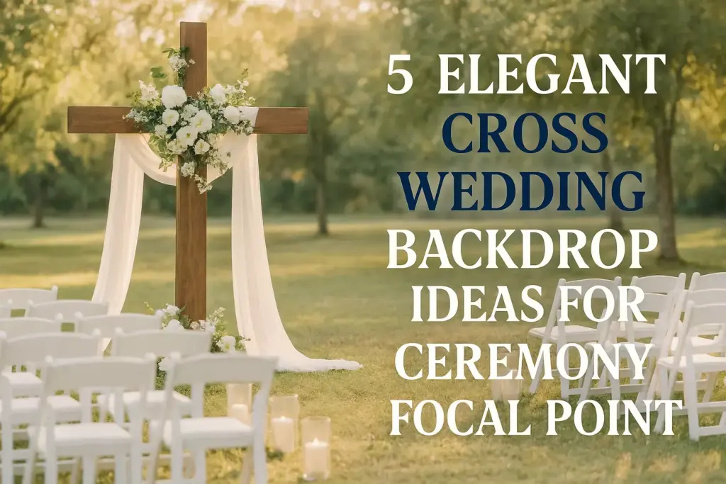 Wooden cross with white flowers and fabric, outdoor wedding setup with white chairs; text overlays scene.