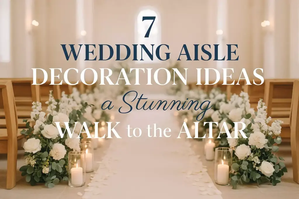 A wedding aisle with white flowers, candles, and wooden pews; text overlay about wedding aisle decoration ideas.