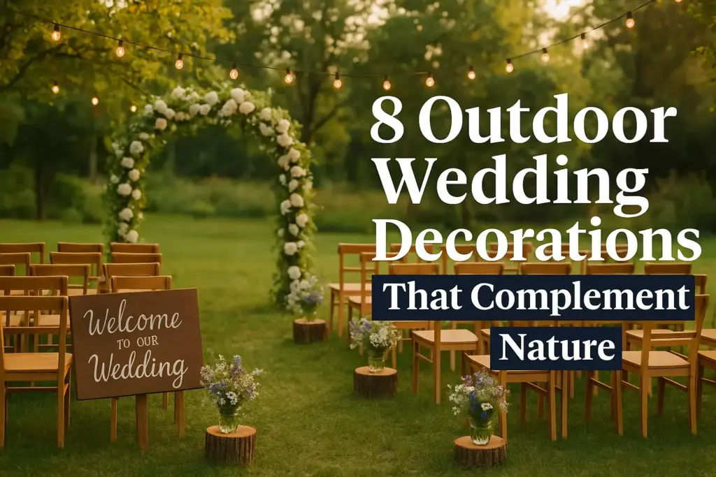 Outdoor wedding setup with wooden chairs, floral arch, and sign that says Welcome to our Wedding.