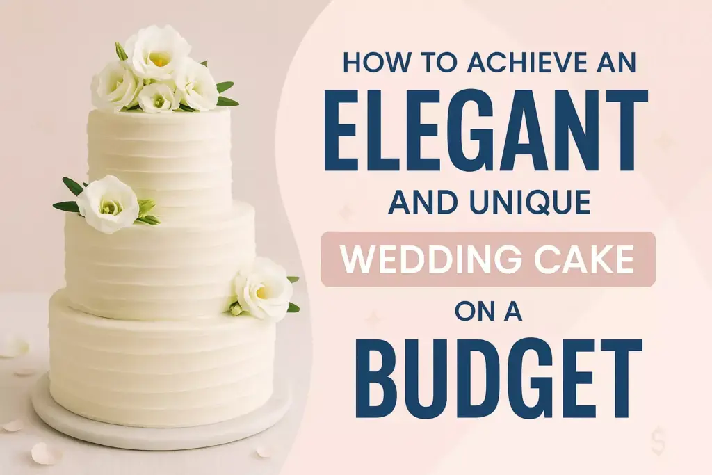 Three-tier white wedding cake with flowers, next to text about achieving an elegant cake on a budget.