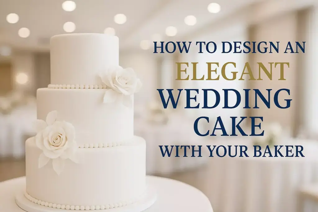 Three-tier white wedding cake with white roses, in a blurred elegant venue, text about designing wedding cakes.