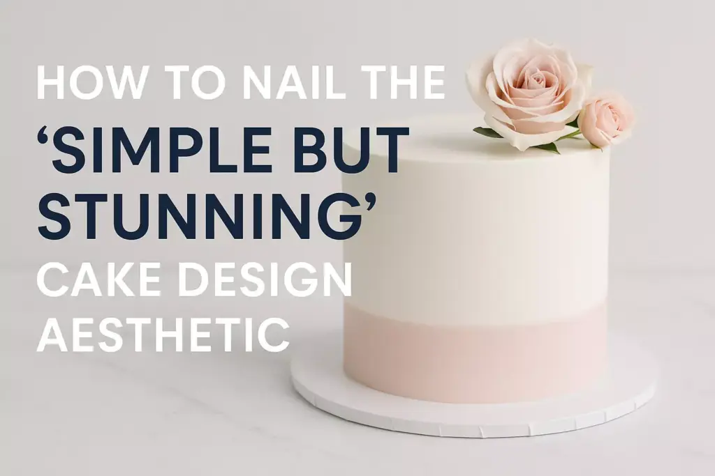 Minimalist white and pink cake with roses, text reads: “How to nail the ‘simple but stunning’ cake design aesthetic.”.