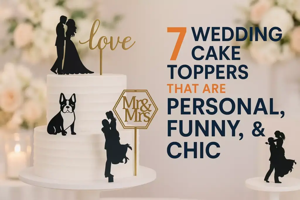 A white wedding cake with chic, funny toppers and text: “7 wedding cake toppers that are personal, funny, & chic.”.