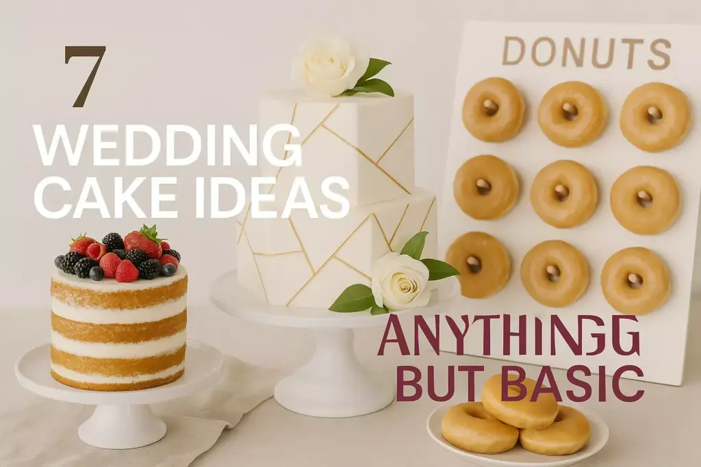 Two wedding cakes and a donut wall with 7 Wedding Cake Ideas Anything But Basic text.