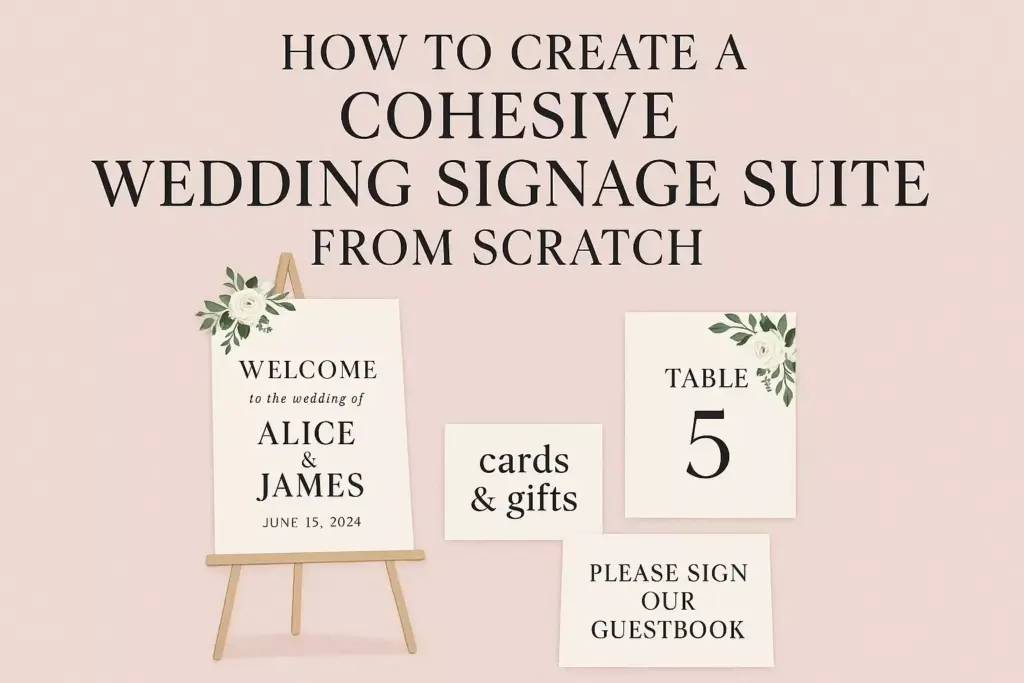 A set of elegant wedding signs with floral accents on a pink background, displaying various event messages.