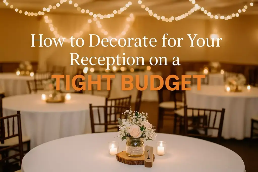 A wedding reception with round tables, simple centerpieces, and string lights; text reads Tight Budget.