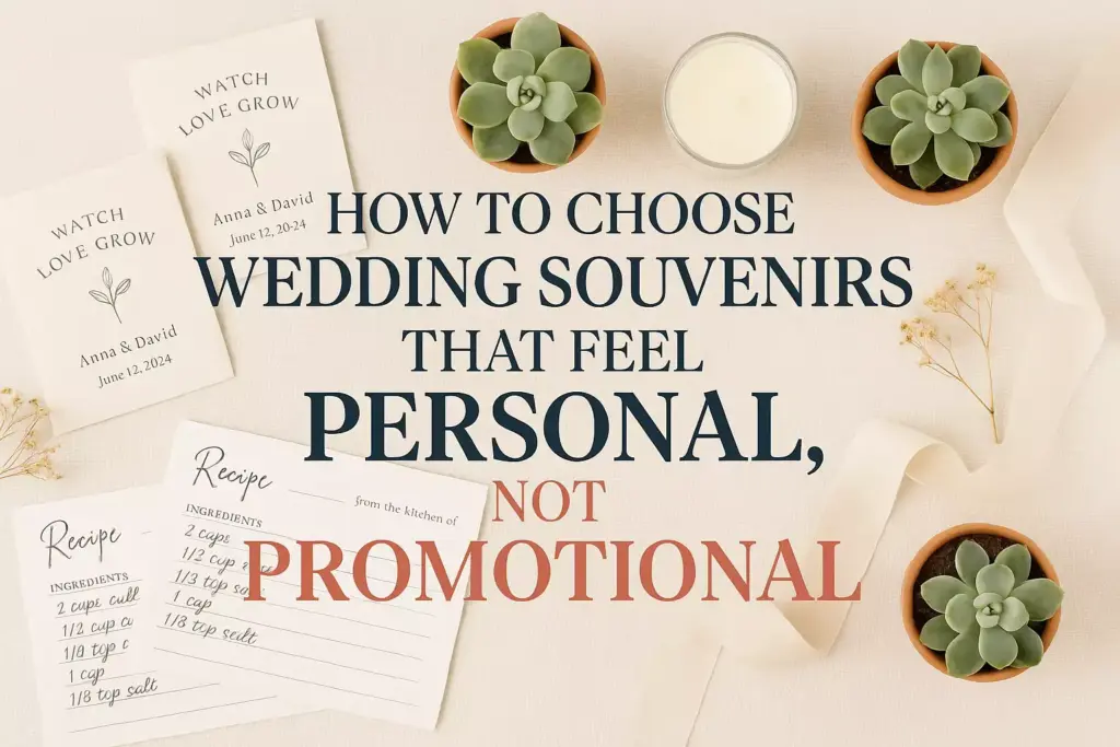 Flat lay of wedding cards, succulents, candle, recipe cards, and text about choosing personal wedding souvenirs.
