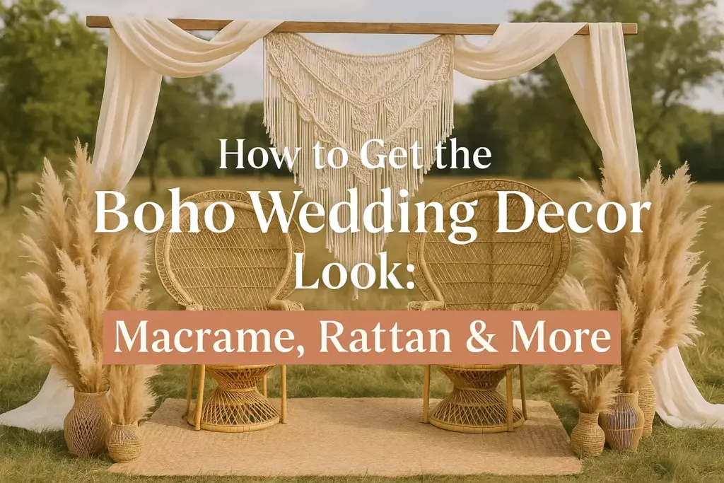 Two rattan chairs, pampas grass, and macrame in a boho wedding setup, with text overlay about decor.