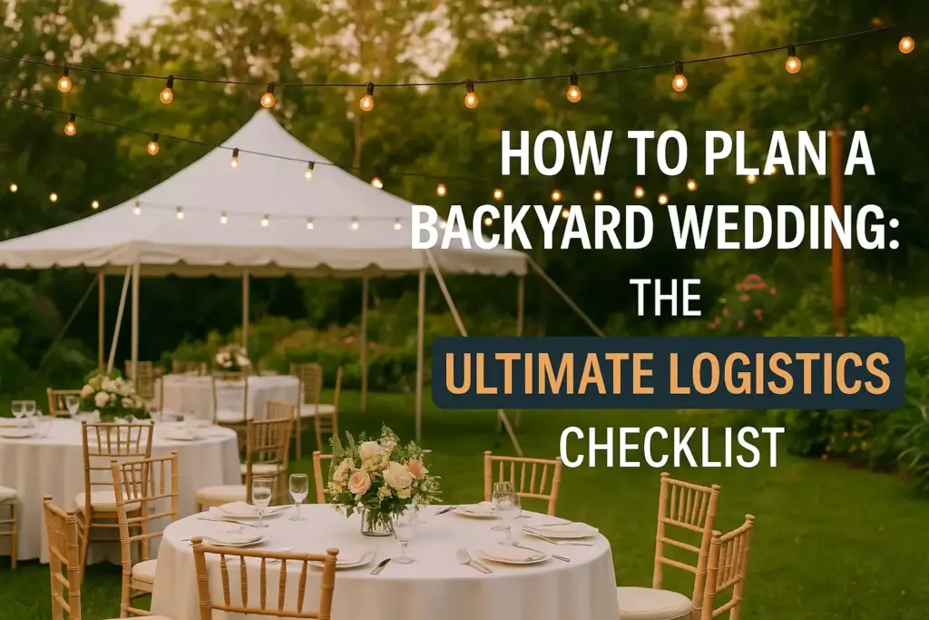 Round tables with flowers and chairs set up outdoors under string lights and a tent for a backyard wedding.