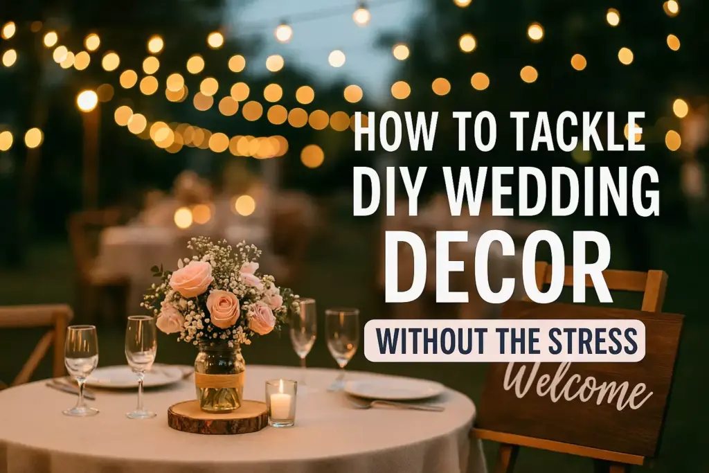 Outdoor wedding table with flowers, string lights, and a welcome sign; text about stress-free DIY wedding decor.