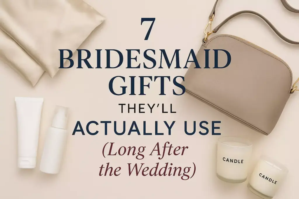 Flat lay of a purse, candles, and toiletries with text about useful bridesmaid gifts.