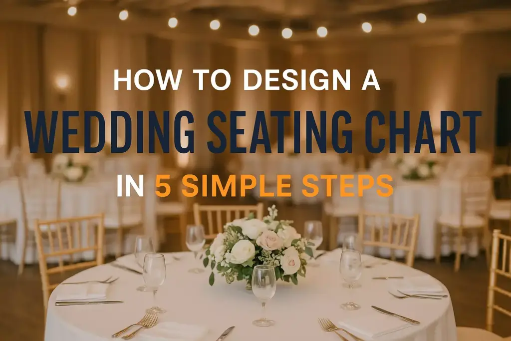 Round tables with floral centerpieces set for a wedding, overlaid with text about designing a seating chart.