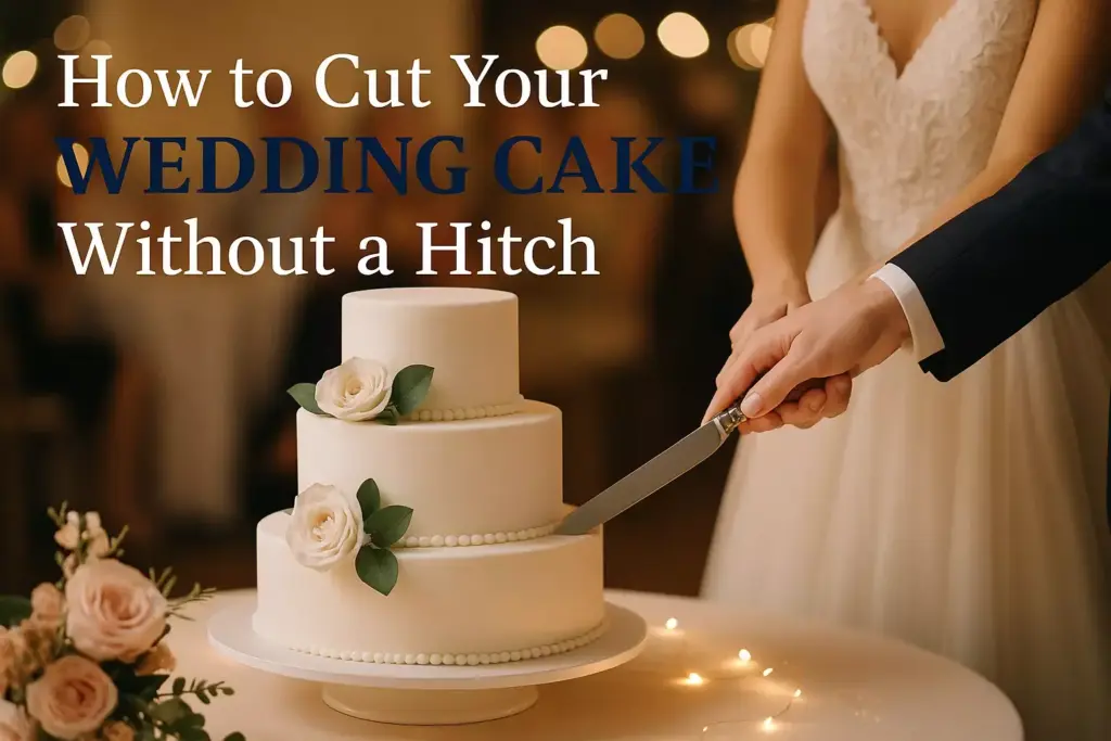 A bride and groom cut a white, three-tiered wedding cake decorated with flowers.