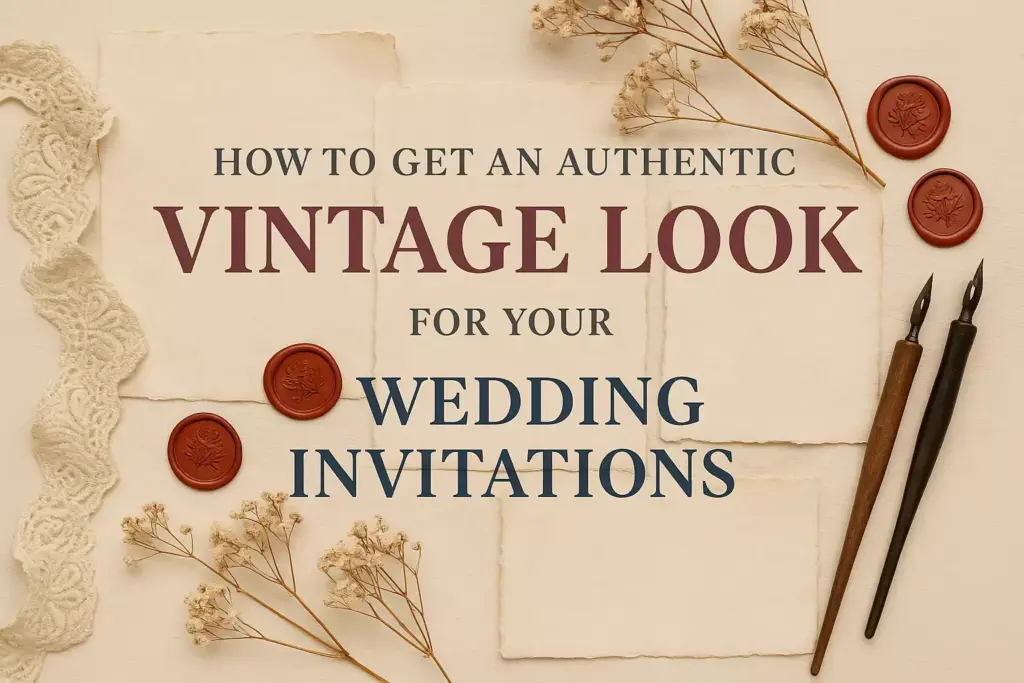 Vintage wedding invitation materials, wax seals, lace, pens, and dried flowers on a beige background with text.