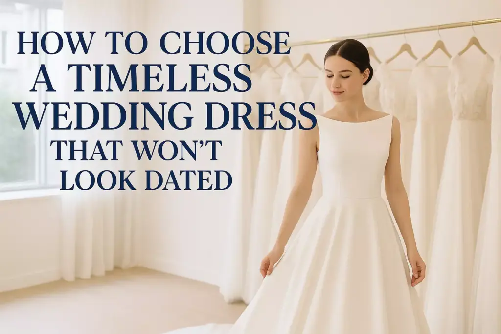 A woman in a simple white wedding dress stands in a bridal shop with dresses hanging behind her.
