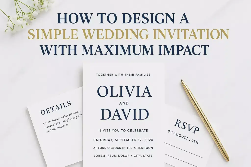 Flat lay of simple wedding invitation set with gold pen and floral accents, featuring names Olivia and David.