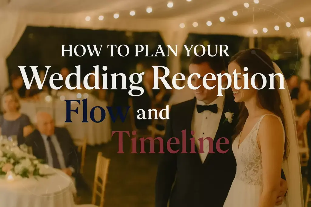 A bride and groom stand smiling at their wedding reception with text about planning the event’s flow and timeline.