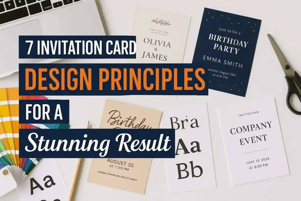 A desk with invitation cards, design tools, and the text: 7 Invitation Card Design Principles for a Stunning Result.