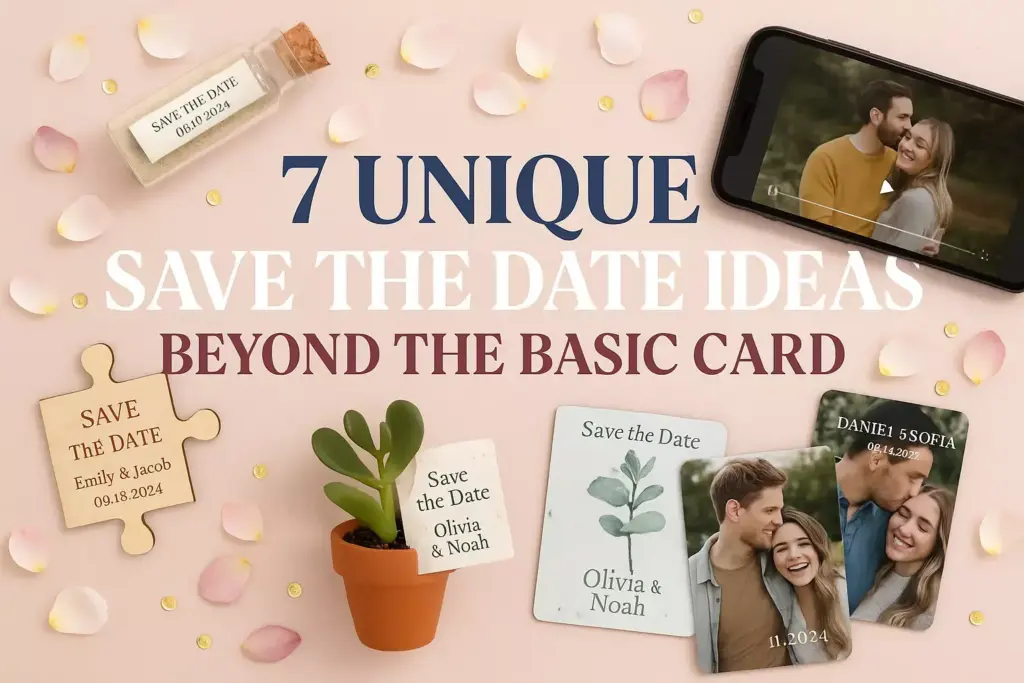Flat lay of creative save the date ideas, including cards, a puzzle piece, a plant, a bottle, and a video.