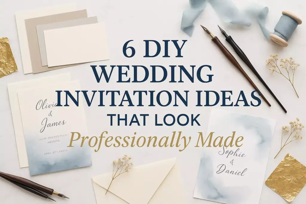 Flat lay of wedding invitations, pens, envelopes, ribbon, and flowers with text about DIY wedding invitation ideas.