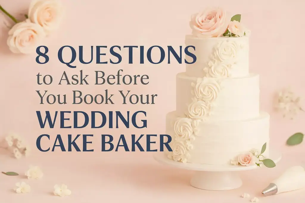 A white wedding cake with pink roses and text: 8 Questions to Ask Before You Book Your Wedding Cake Baker.
