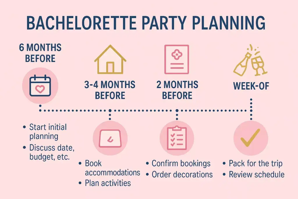Bachelorette party planning timeline with tasks for 6 months, 3-4 months, 2 months, and week before the event.