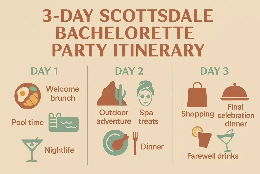 Infographic of a 3-day bachelorette party itinerary with activities for each day, including brunch and nightlife.