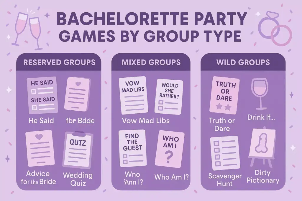 Infographic showing bachelorette party games organized by group type: Reserved, Mixed, and Wild groups.