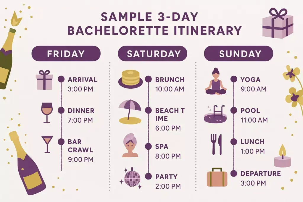 3-day bachelorette itinerary with activities for Friday, Saturday, and Sunday, shown with colorful icons.