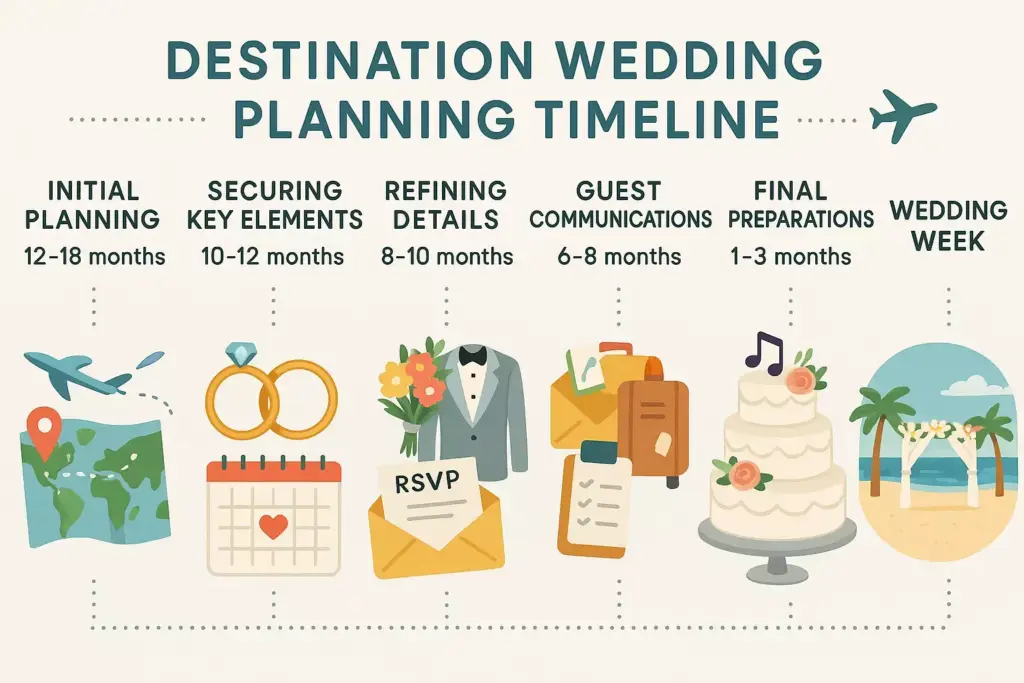 A timeline showing steps for planning a destination wedding, from 18 months to the wedding week, with icons.