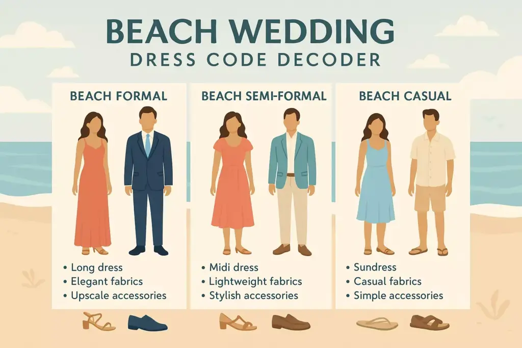 Infographic showing beach wedding dress codes: formal, semi-formal, and casual outfits for men and women.