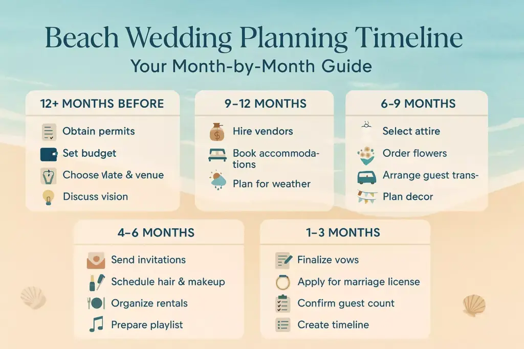 Infographic showing a timeline and tasks for planning a beach wedding, organized by months before the event.