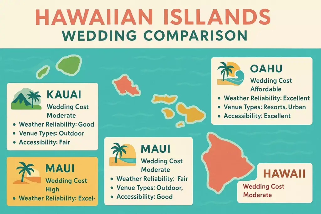 Infographic comparing wedding costs, weather, venues, and accessibility on four Hawaiian Islands.