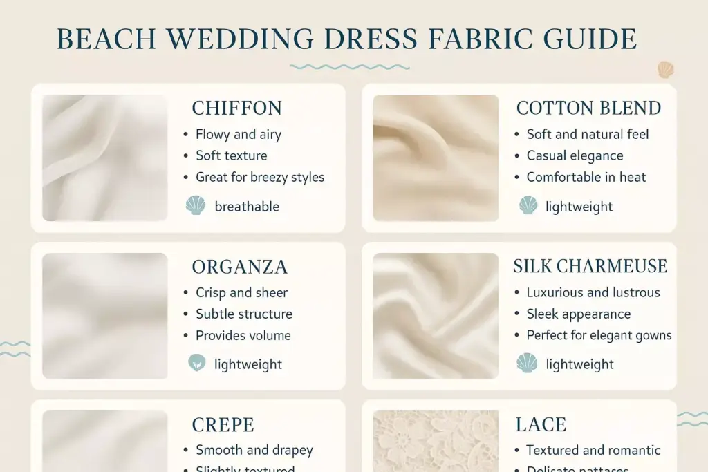 Grid of six fabric swatches with descriptions for beach wedding dress fabrics: chiffon, cotton blend, organza, silk charmeuse, crepe, lace.