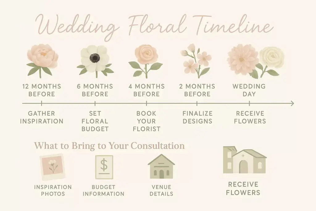 A wedding floral timeline showing tasks from 12 months before to the wedding day with related icons and tips.