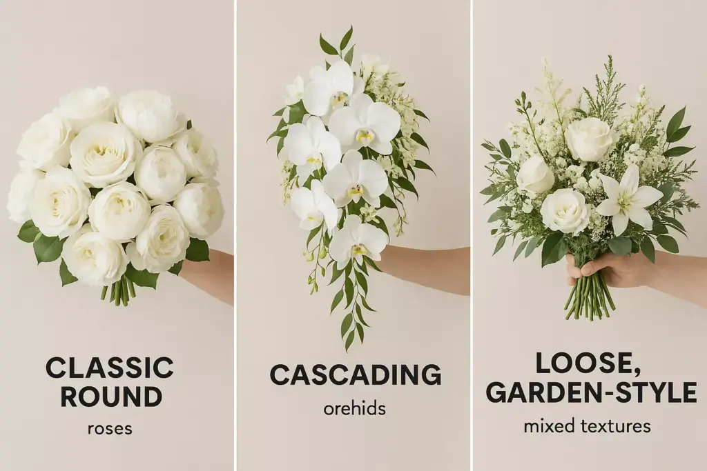 Three hands hold three different wedding bouquets: classic round roses, cascading orchids, and loose, garden-style mix.