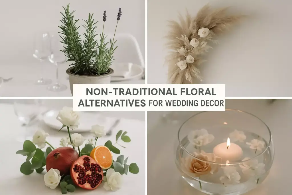 A collage shows non-traditional floral wedding decor: herbs, dried pampas, fruit, and floating flowers with a candle.