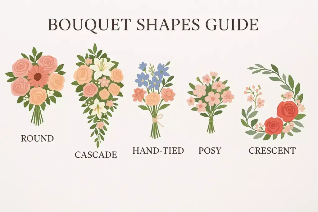 Illustration of five bouquet shapes: round, cascade, hand-tied, posy, and crescent, with matching flowers.