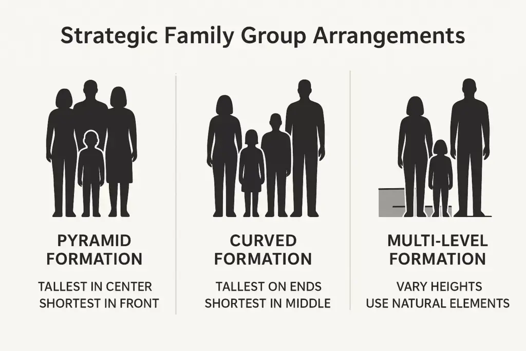 Silhouettes show three family group arrangements: pyramid, curved, and multi-level formations with varied heights.