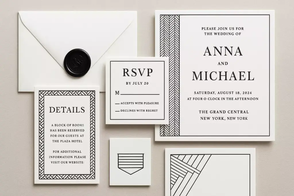 Wedding invitation suite with black and white geometric borders, RSVP card, and an envelope with a wax seal.
