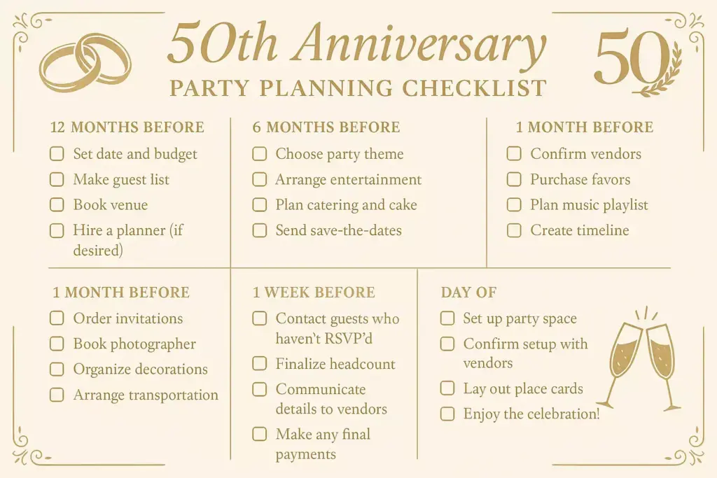 50th anniversary party checklist with tasks organized by timeline, gold text and icons on a cream background.