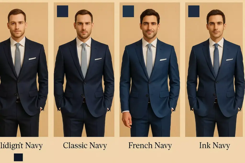 Four men wearing suits in different navy blue shades: Midnight, Classic, French, and Ink Navy.