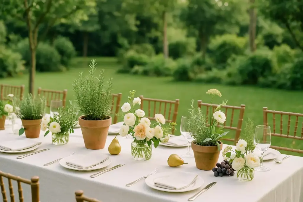 Elegant outdoor table with potted plants, flowers, pears, and place settings on a white tablecloth.