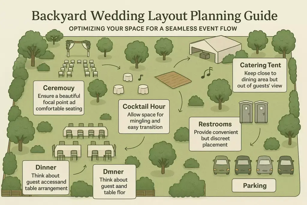Backyard wedding layout guide with labeled zones for ceremony, dinner, cocktail hour, catering, restrooms, and parking.